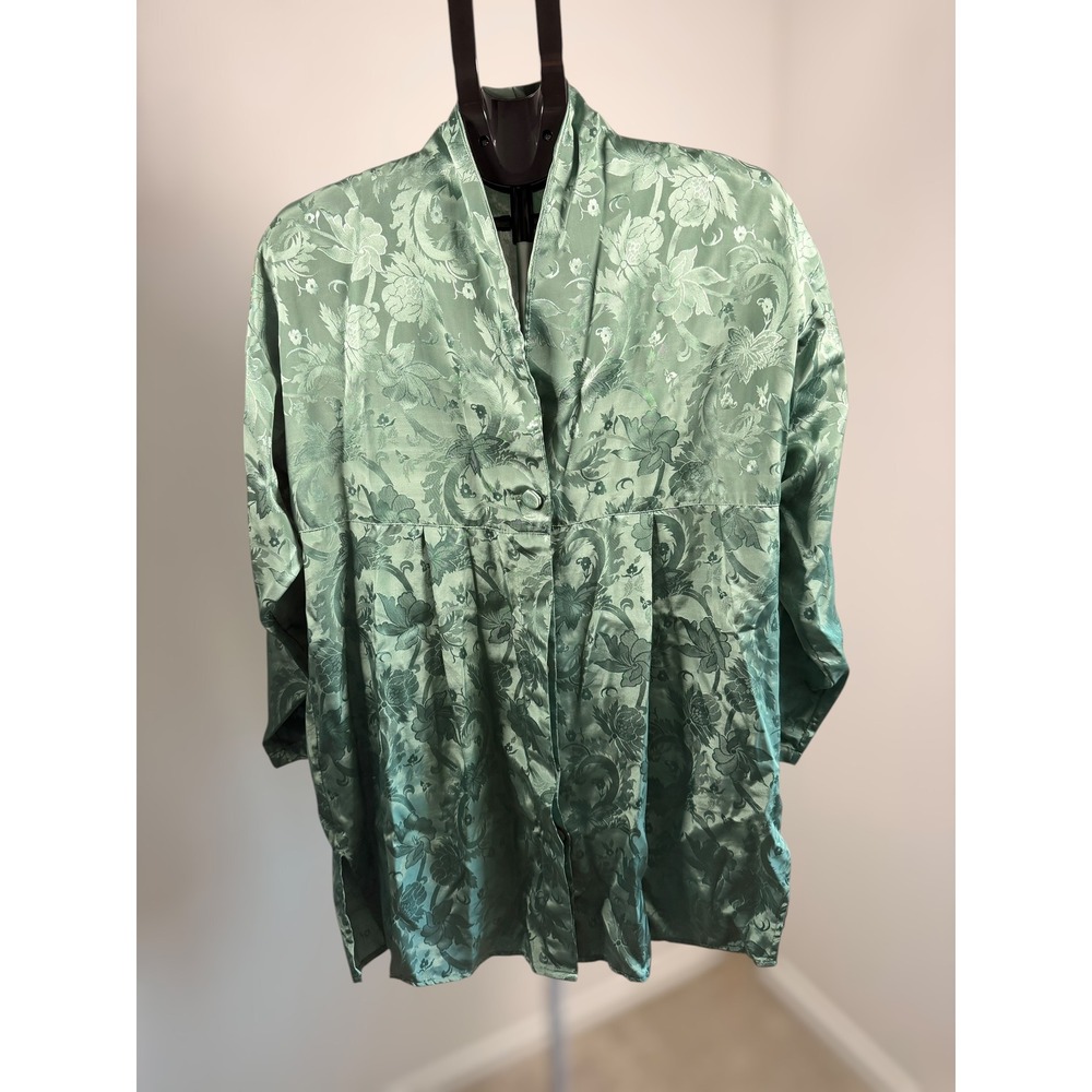Vintage Victorias Secret Gold Label Sage Green Floral Damask Button Front Robe